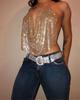 European & American Fashion Rhinestone Chain Strap Deep V Backless Crop Top