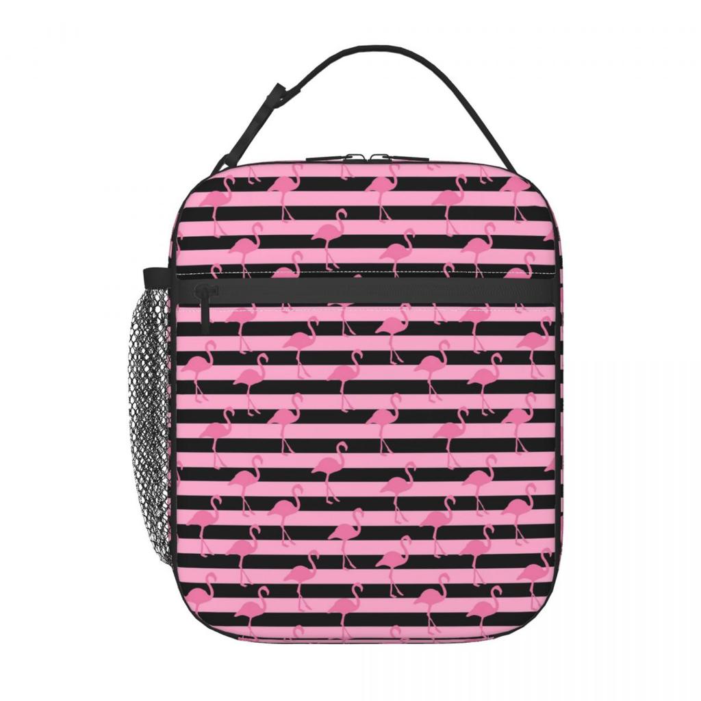 Black Striped And Cartoon Flamingo Insulated Lunch Bag for School Cooler Thermal Food Box Tote Leakproof Lunch Boxes Container
