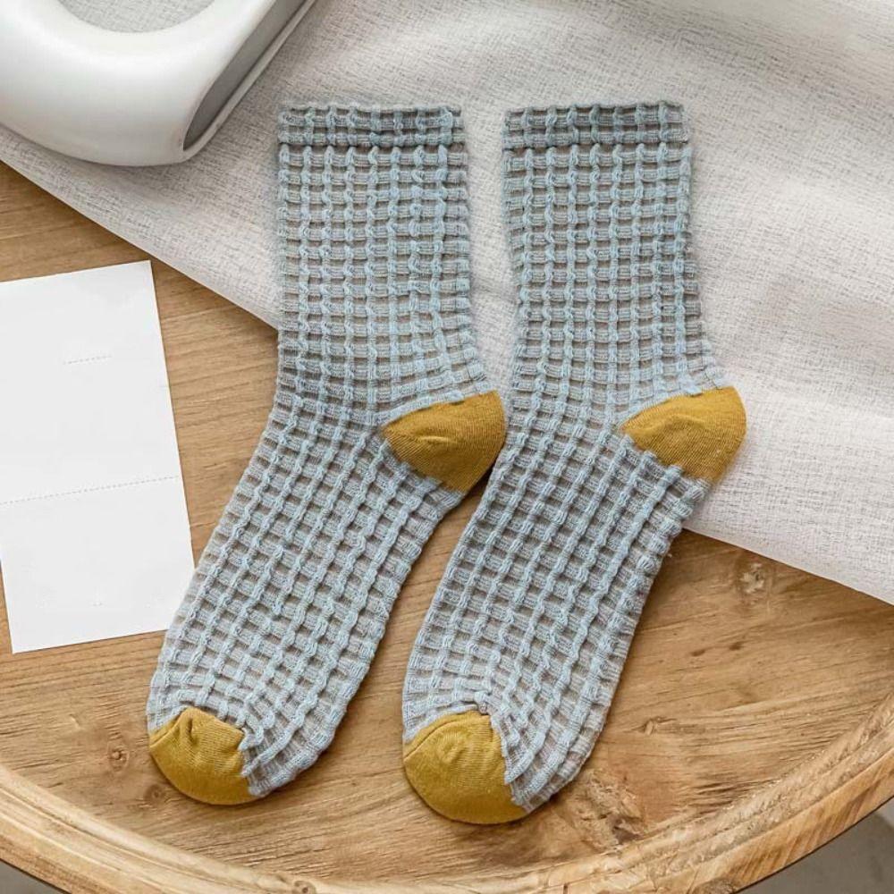 5Pairs Breathable Checkered Cotton Socks Patchwork Grids Socks Sweet Women Tube Sock Gift