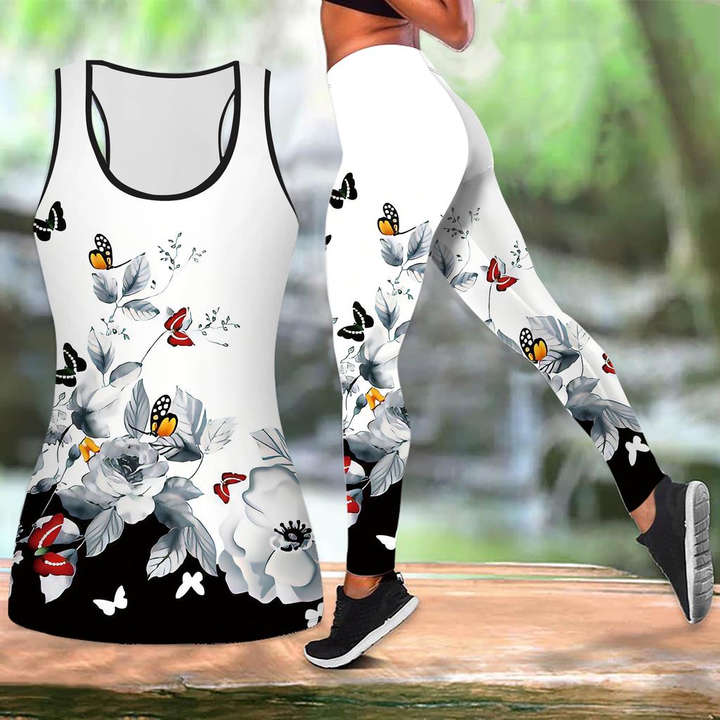 Hydrangea Print Yoga Outfit for Women Fashion Workout Leggings Fitness Sports Casual Yoga Set Sports Suit