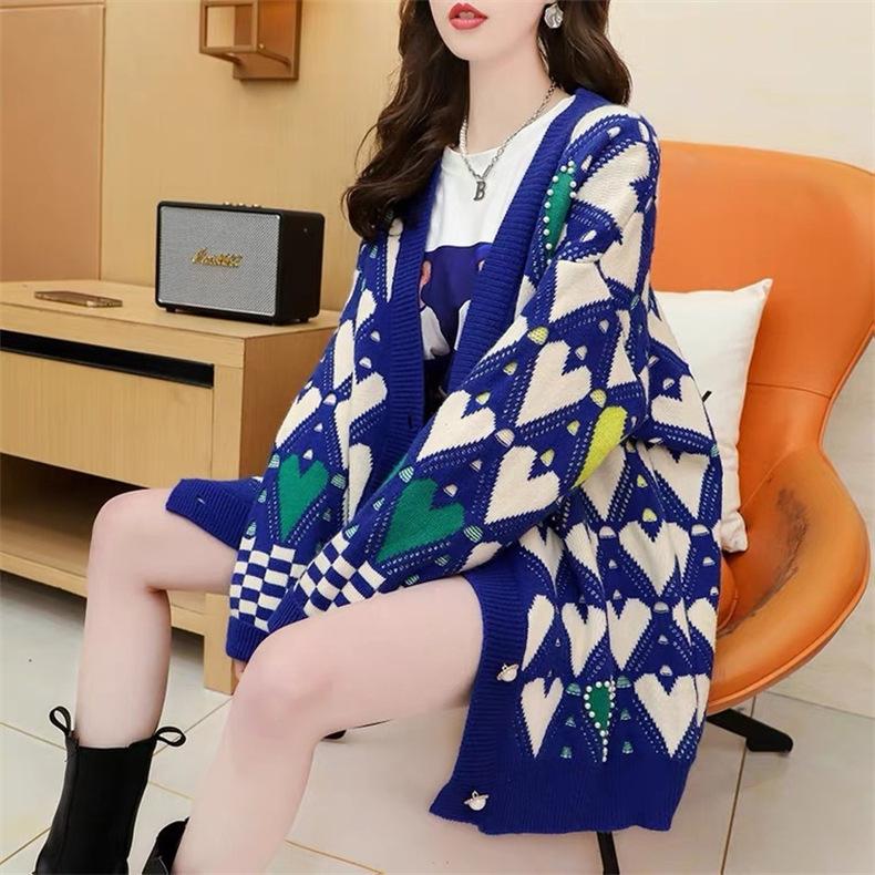 New Spring Autumn Sweet Sweater Cardigans Women V Neck Heart Printing Knitwear Single Breasted Casual Knit Cardigan