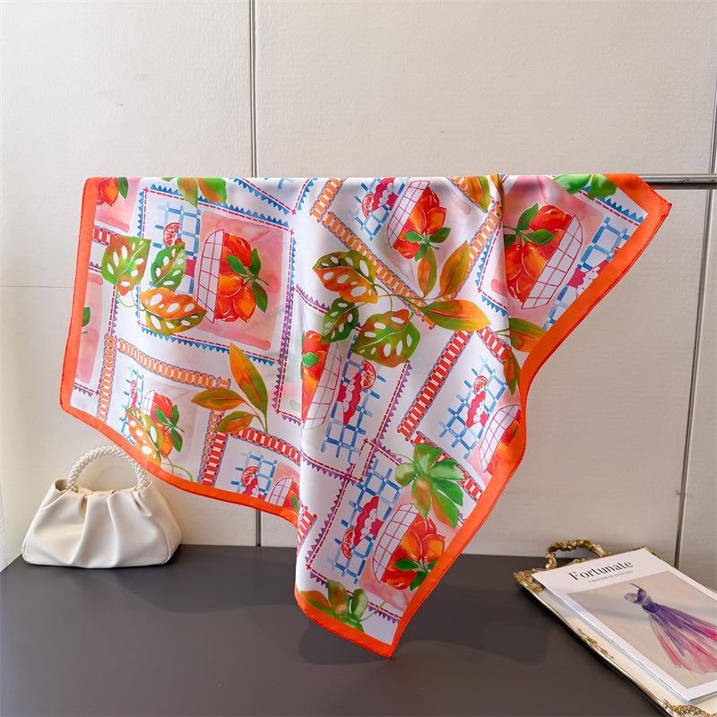 Korean Version of Lemon Imitation Silk Printing Square Scarf Shawl Scarf High-end Neck Small Square Scarf Headscarf Silk Scarf Women