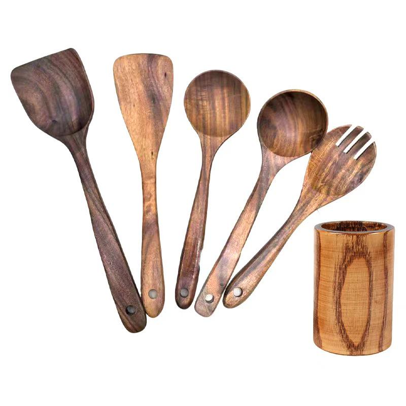 Teak 9-Piece Kitchen Set: Solid Wood Spatula, Spoon, Fork, Non-stick Pan, Acacia Wood Utensils, Long Handle Pot & Vegetable Spatula