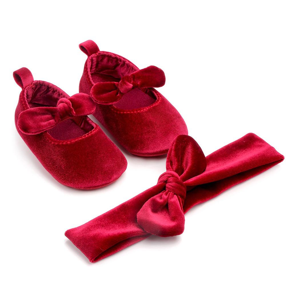 Toddler Kids Sweet Solid Newborn Walking Soft Shoes Bow Ribbon First Walkers Headwear Party Girls