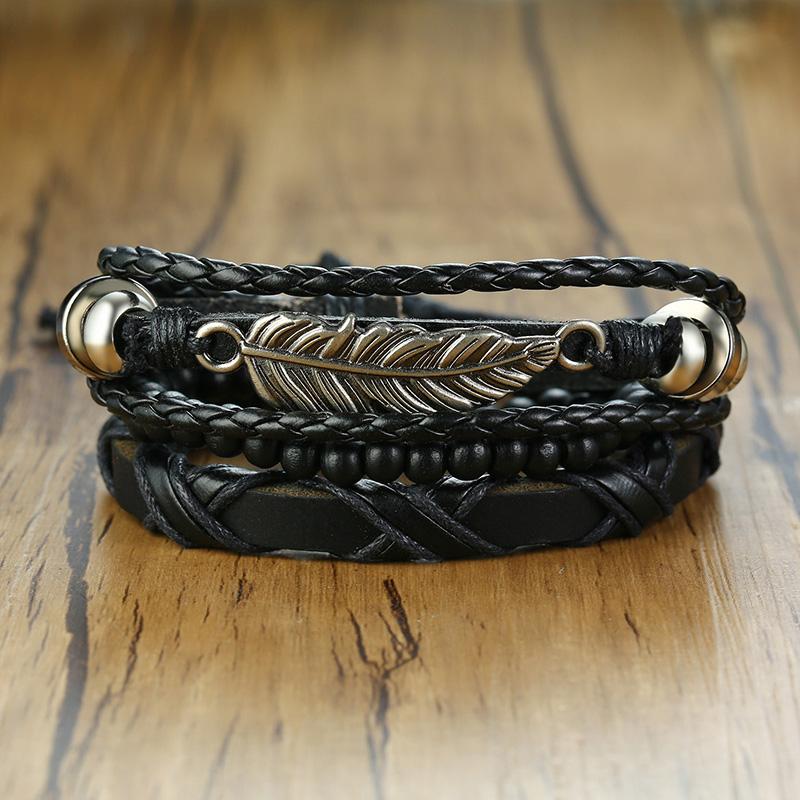 Vnox Mix 4Pcs/ Set Braided Wrap Leather Bracelets for Men Women Vintage Wooden Beads Ethnic Tribal Wristbands Bracelet Rudder