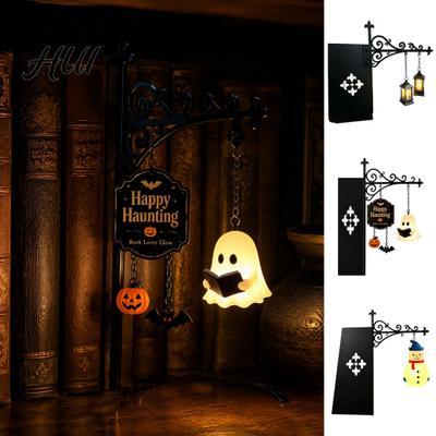 Gothic Room Accessories Ghost LED Bookshelf Lamp with Pumpkin Bat Hanging Charms, Halloween Seasonal Soft Furnishings Bookend Night Light, Reading