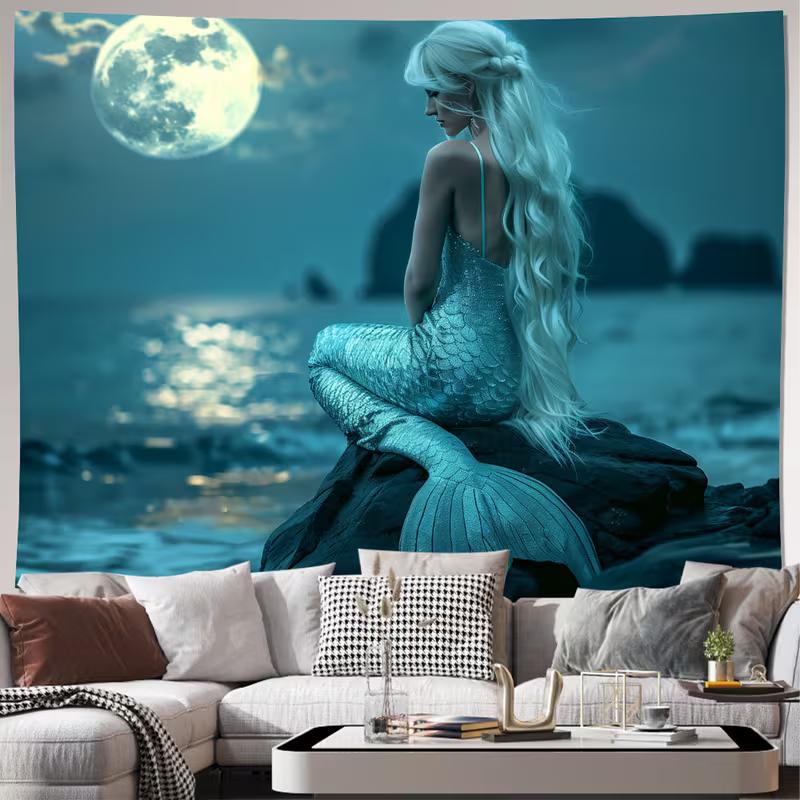 

2D Mystical Teal Mermaid Tapestry, Night Beach Wall Art for Living Room 47.2x31.5inch/120*80cm