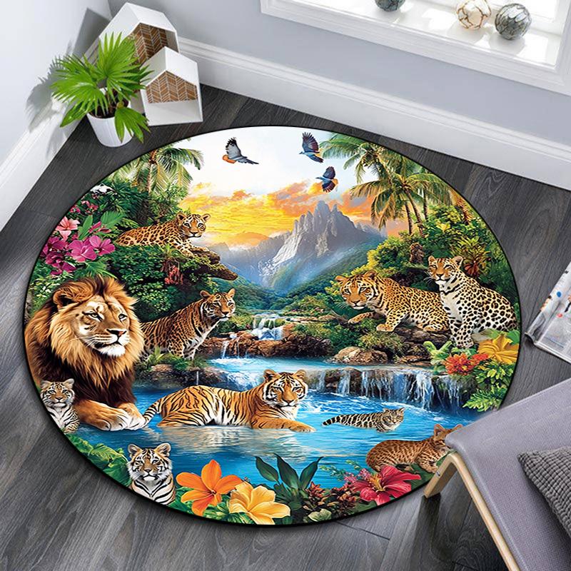 

Tiger Jungle Wildlife Round Area Rug,Carpet Rug for Living Room Bedroom Sofa Playroom Decor,Non-slip Floor Mat 80cmx80cm