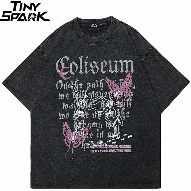 Hip Hop Washed Black TShirt Streetwear Graphic Dancing Skeleton Butterfly T Shirt Cotton Unisex Tshirt Men Tops Tees YK S разноцветный