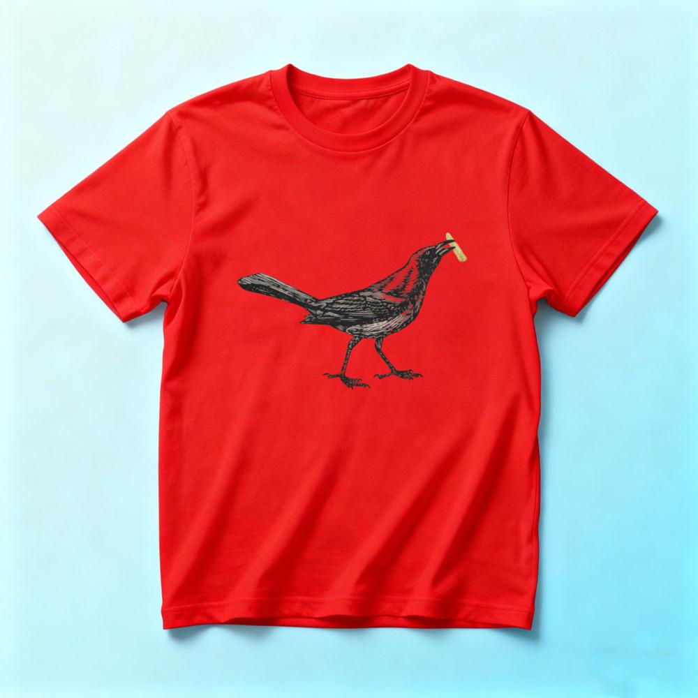 Funny Crow With French Fry Graphic Tshirt Unisexs Casual White Vintage Sketch Bird Print Short Sleeve Cotton Tee Quirky Streetwear