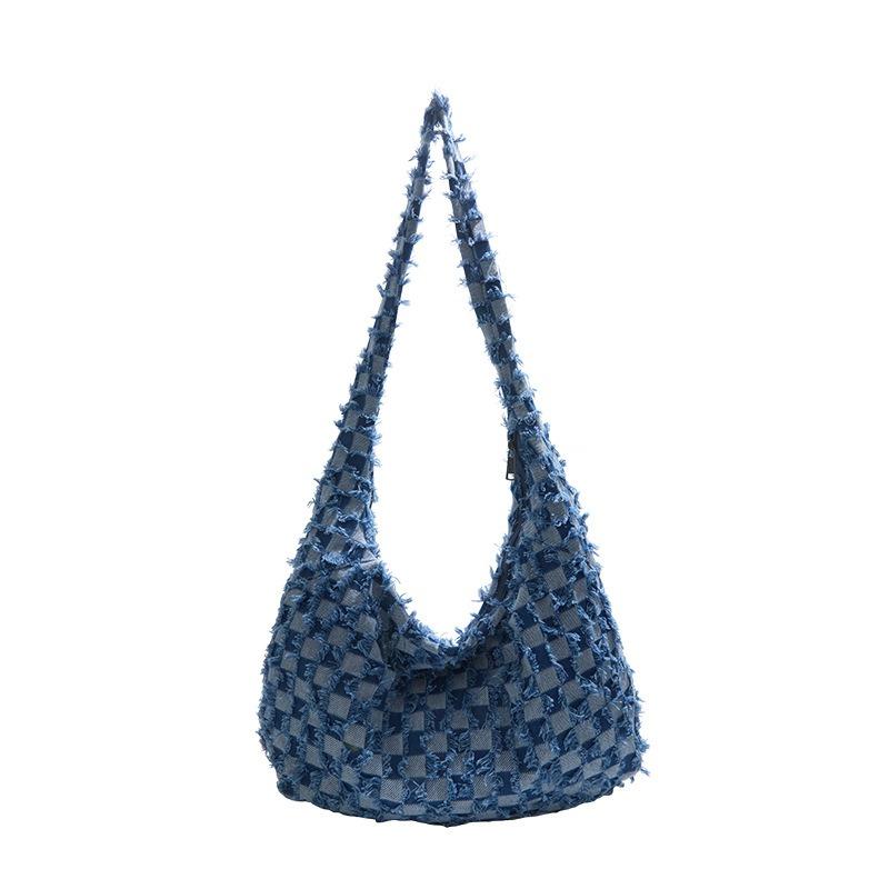Retro Denim Messenger Bag Niche Checkerboard Fashion Dumpling Bag Casual Shoulder Bag Burr Cloth Bag