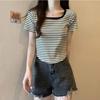 Kurzarm T-Shirt Koreanischer U-Ausschnitt Casual Fashion Shirt Tops T-Shirt Damen Einfarbig Gestreiftes T-Shirt