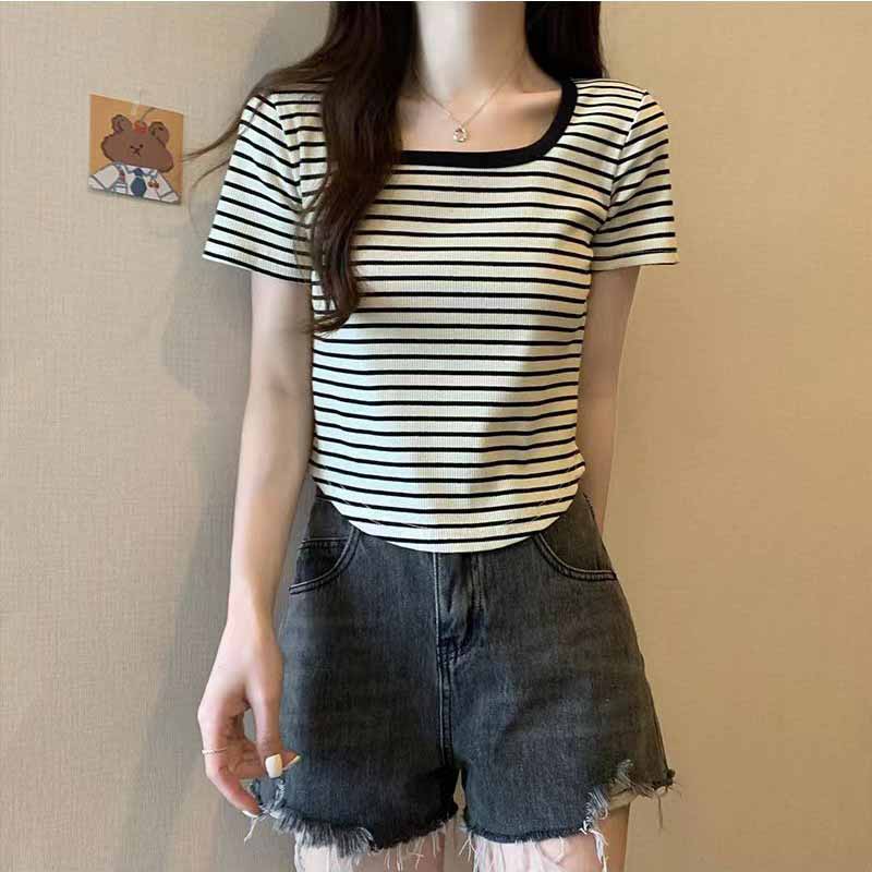 Tricou cu mânecă scurtă coreeană cu decolteu în U Cămașă ocazională de modă Topuri Tricou pentru femei Tricou cu dungi de culoare solidă