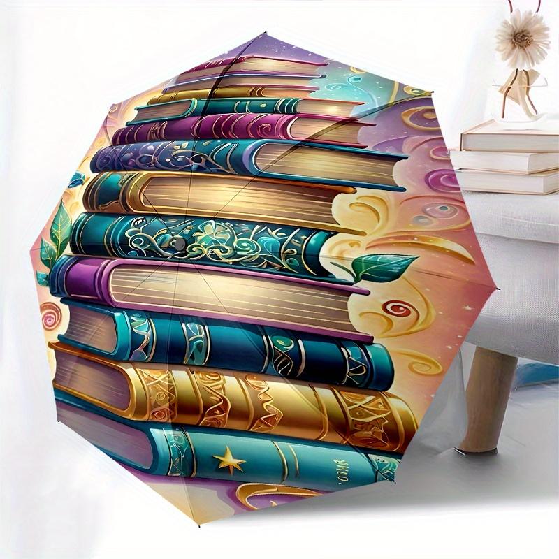 Book Tower, Fantasy Literature Automatic Opening and Closing Umbrella, Compact Travel Umbrella, Lightweight and Portable, Suitable for Beach