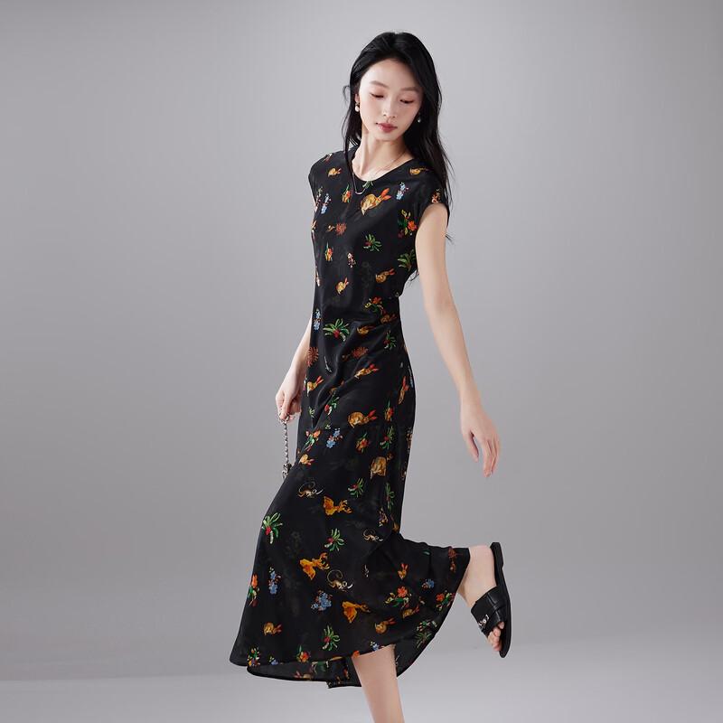 SOFSIL Women s Round Neck Floral Mulberry Silk Summer Long Dress M
