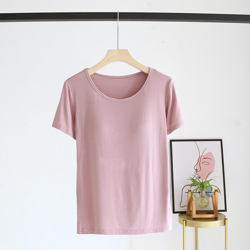 New Summer Ladies Modal Pajamas One Piece Top T-Shirt with Chest Pad Short Sleeve Bottoming Shirt Homewear Sleep Wear Women