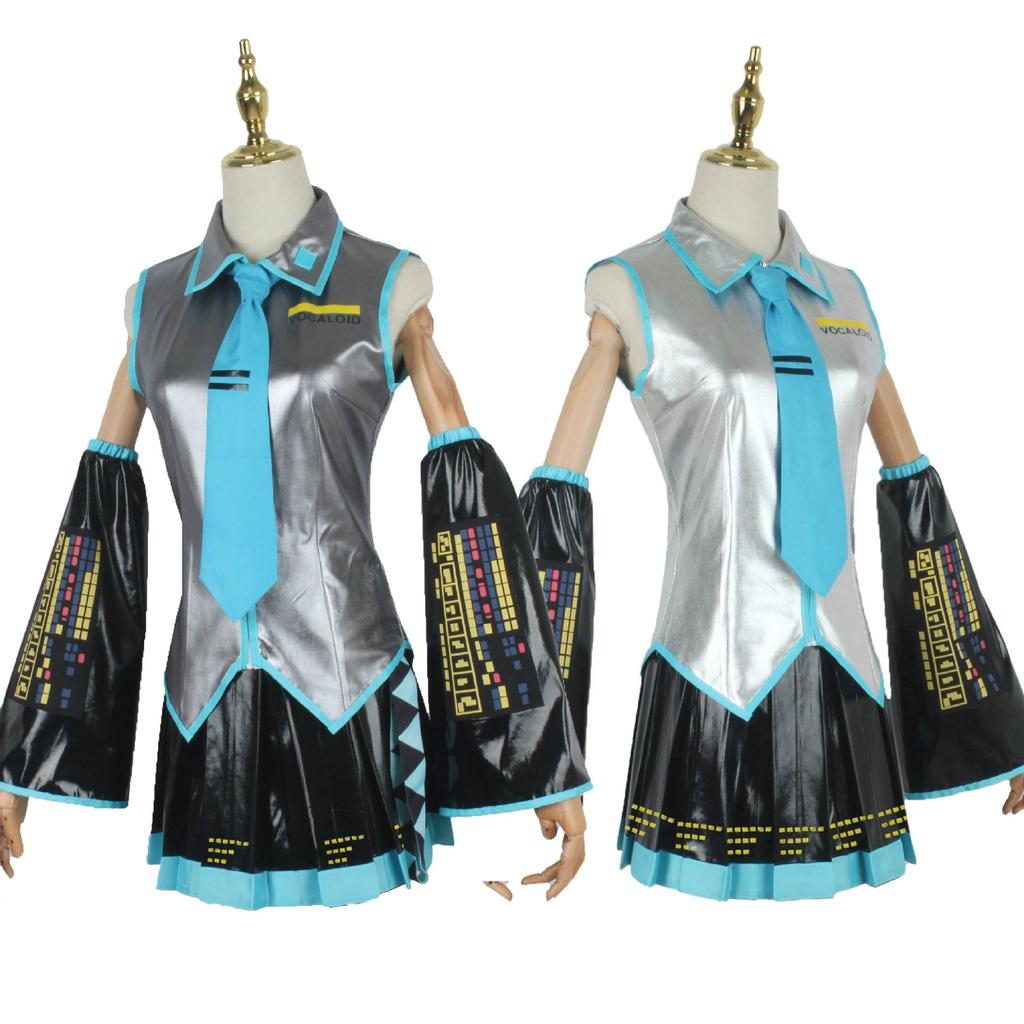 Anime Miku Cosplay Pełny Zestaw Srebrnoszary Lakierowana Skóra Materiał Garnitur Nakrycie Głowy Kostium Strój Jk Mundurek Cosplay Halloween