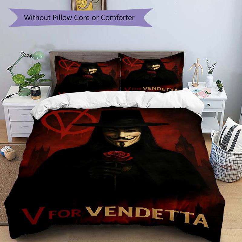 3pcs V for Vendetta Bedding Set, Soft Polyester Duvet Cover and Pillowcases Machine Washable Seasons all suitable & Guest Room Decor210