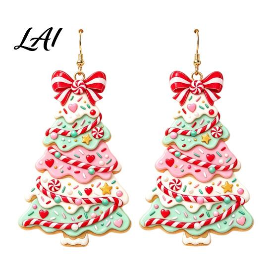 Women Fashion Earrings Christmas 2D Acrylic Earrings Colorful Tree Dangle with Bow Holiday Jewelry Decor Lightweight Drop Jewelry Decorations