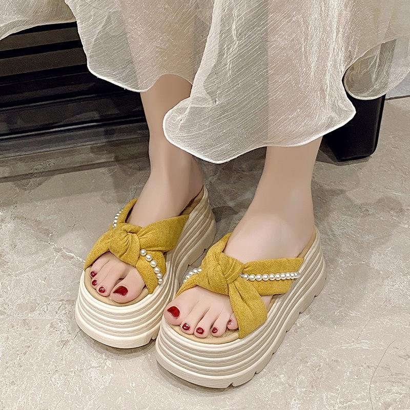 Thick-bottomed Pearl Slippers Women's Fashion Outer Wear 2025 Summer New Versatile Height Increase 9cm Bow Muffin Sandals