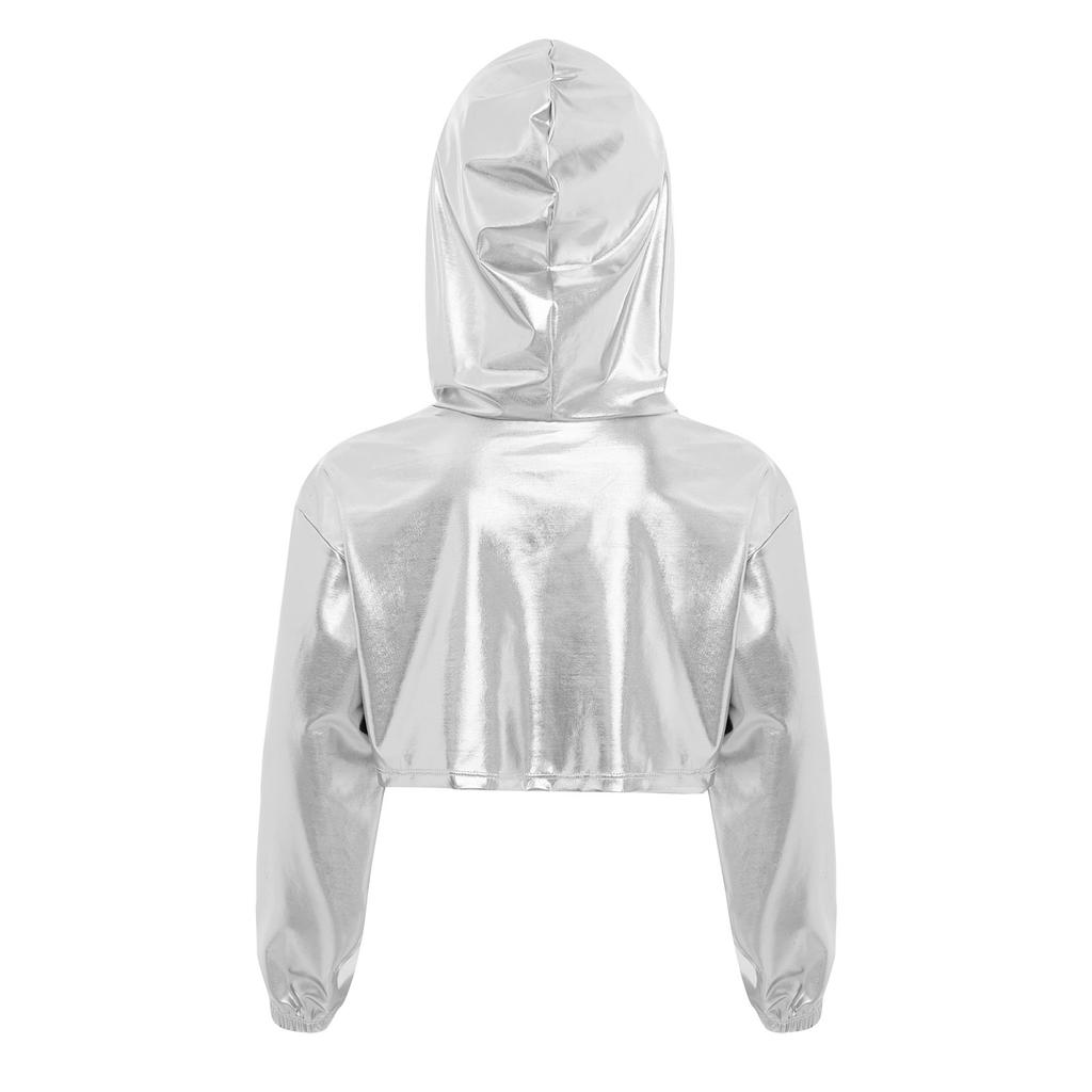 Costume de Performance de Danse Hip Hop Jazz pour Filles Ourlet Asymétrique Sweat à Capuche Métallique Haut Court à Manches Longues