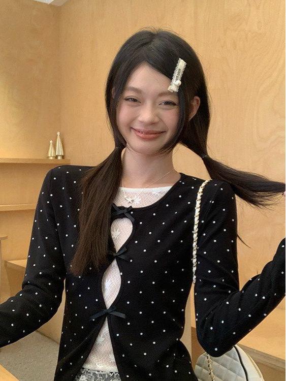 Women's Slimming Lace Long Sleeve Polka Dot T-Shirt - Black & White, Korean Style, Spring Collection