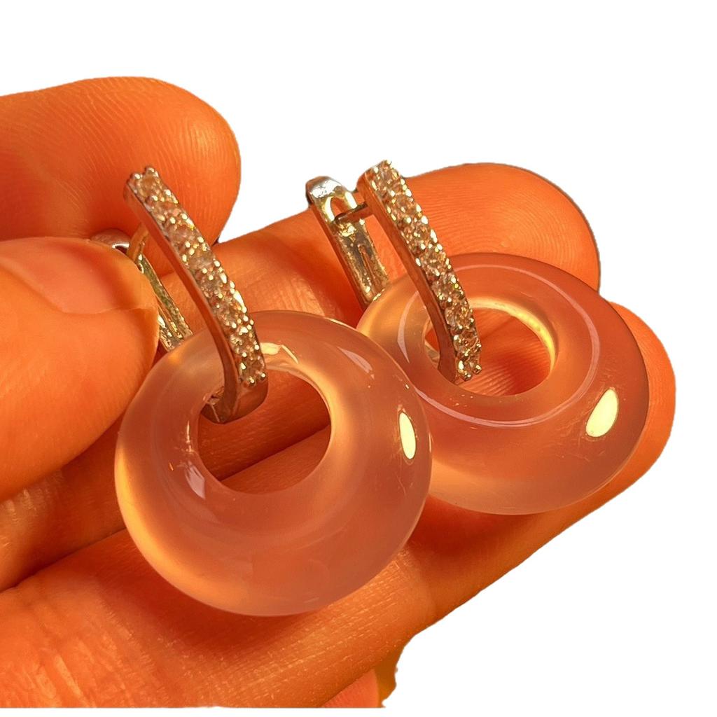 Jade Glowing Natural Pink Chalcedony Earrings Agate Studs, Real Shot