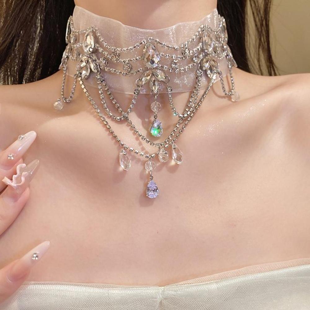 Chiffon Choker Necklace Rhinestone Teardrop Pendant Gifts Collar Necklace Party Outfit