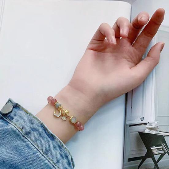 1 Pair Women Bracelet Smooth Bead Faux Agate Polished Star Moon Pendant Rhinestone Adjustable Shopping Work Party Dating Wrist Chain Lady Jewelry