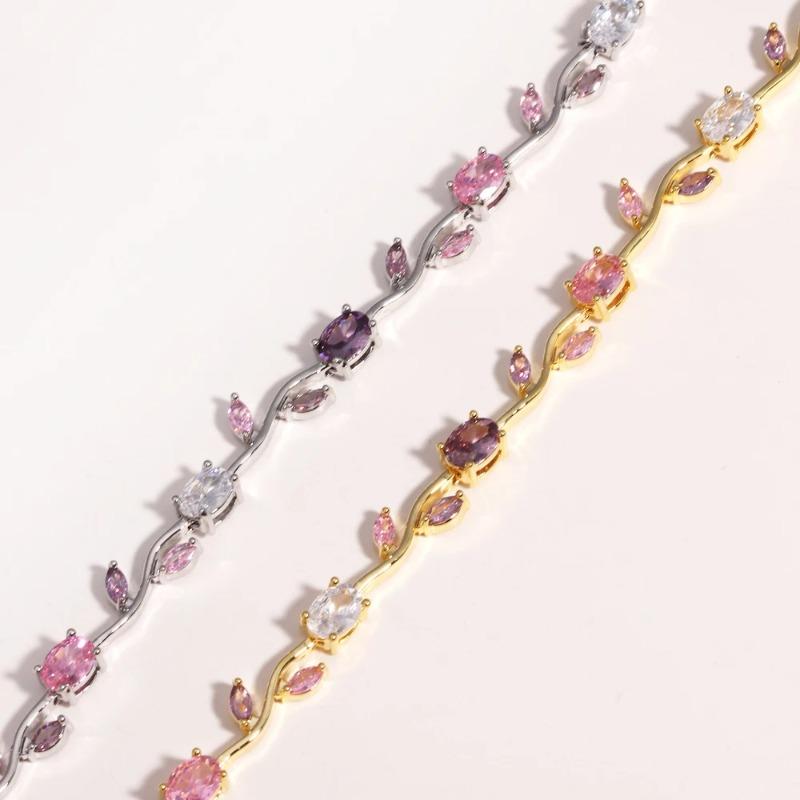 Braccialetto Rosa con Zirconia Cubica e Fiori di Vite, Braccialetto Metallico Dolce e Romantico per Donne Gioielli Regali per Matrimoni e Feste