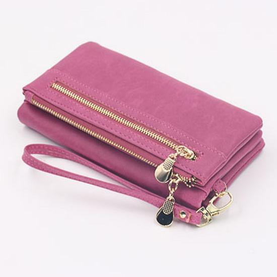 Women's Large Capacity Frosted Double Zipper Long Wallet & Clutch
