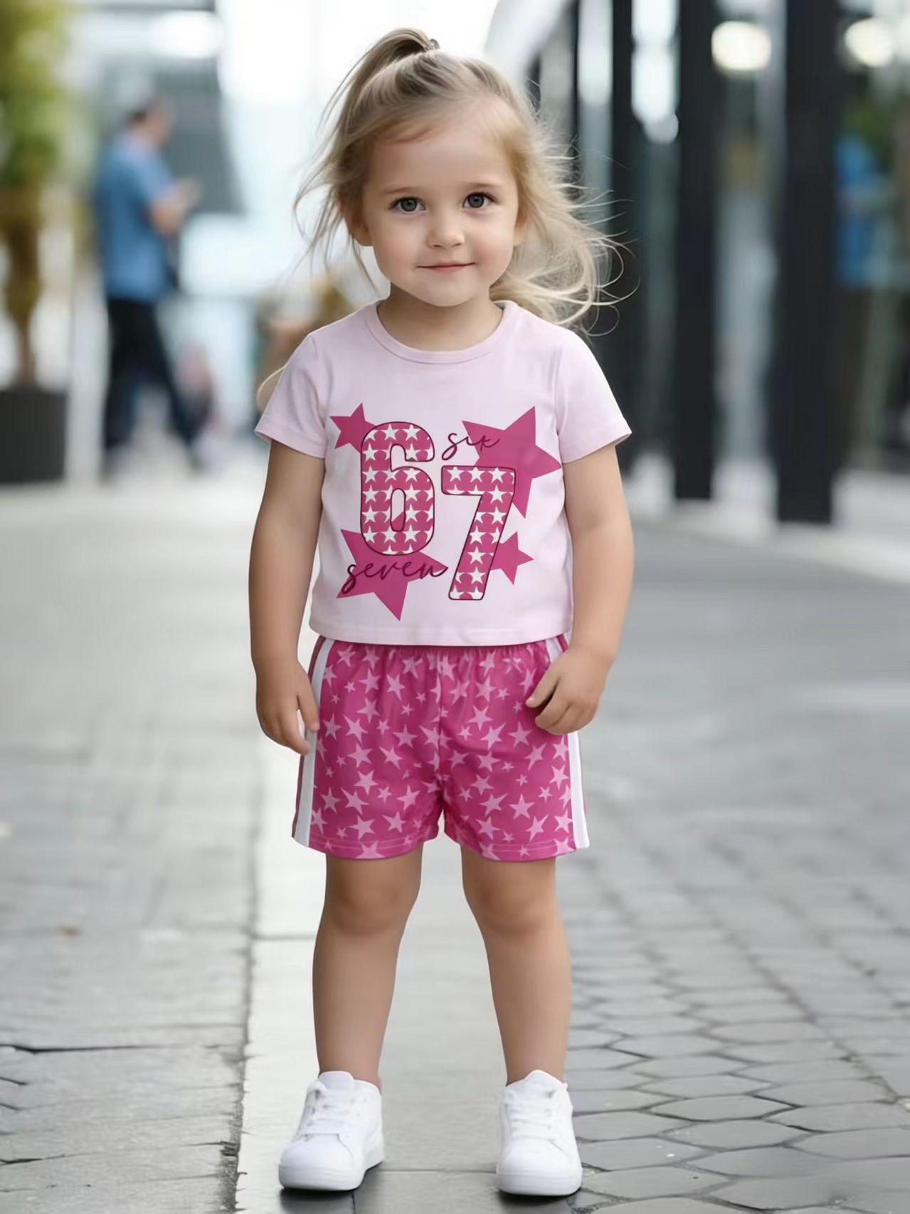 

Toddler Girls Cute Star & Number 67 Print 2-Piece Outfit, Summer Pink Casual Clothes for Kids, Perfect for Playwear & Outdoor 5-6Y рожевий