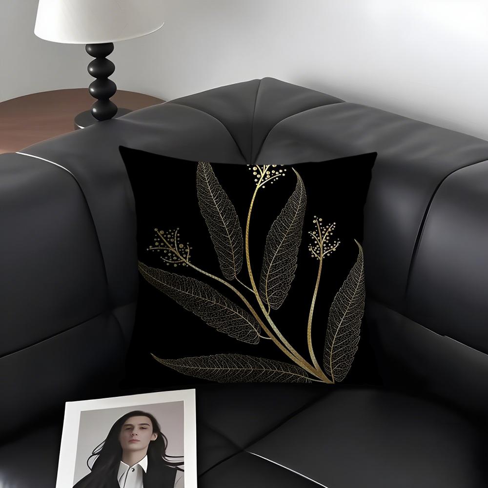 Golden Leaf Branch Pattern Cushion Cover Natural Linen Organic Fabric DoubleSided Printing Sofa Home Decor Gift Pillow Case