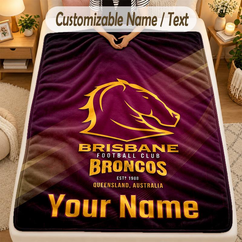 Flannel BlanketBrisbane Broncos Custom Name Text Personalized Soft Warm Throw Blanket Home Decor Gift
