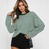 Lockeres Rundhals-Streifen-T-Shirt Damen Vintage Kontrast Langarm-Oberteil Lässig Frühling Herbst Mode Einfache T-Shirts Damen Basic Süße Kleidung