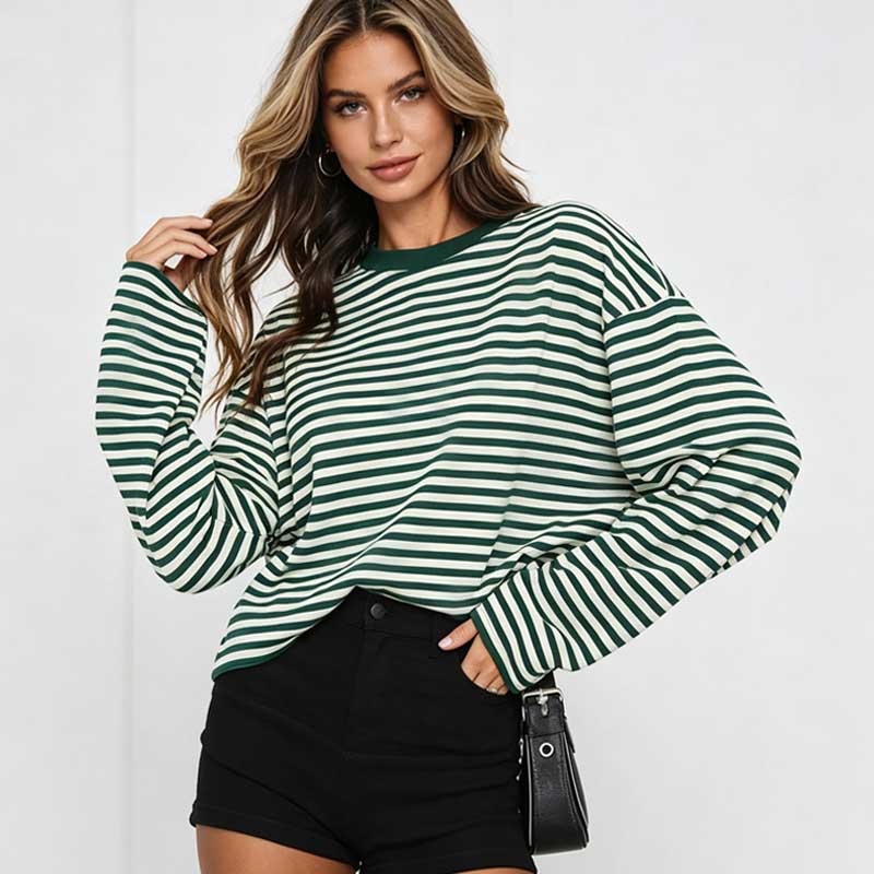 Lockeres Rundhals-Streifen-T-Shirt Damen Vintage Kontrast Langarm-Oberteil Lässig Frühling Herbst Mode Einfache T-Shirts Damen Basic Süße Kleidung