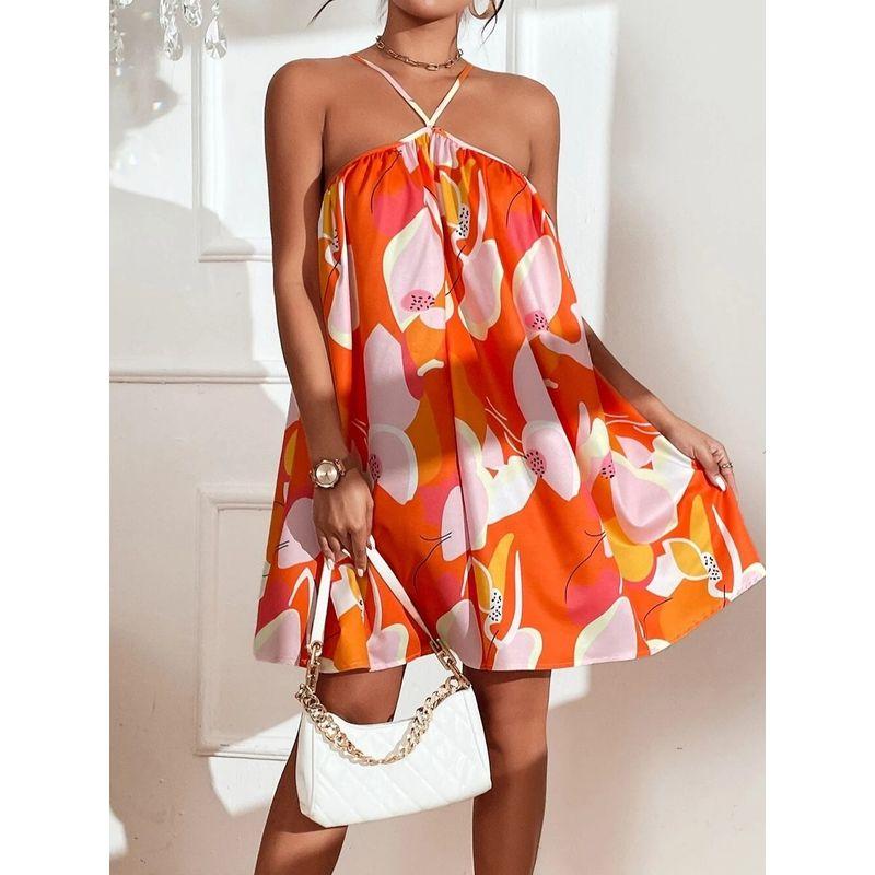 Small Summer Fashion Style Tube Top off-Neck Printed Sexy Open Back Adjustable Halterneck Sleeveless Dress Skirt