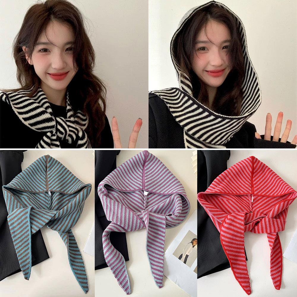 Winter Knitted Hat With Scarf Women Korean Striped Scarf Hat Fashion Shawl Neck Wool Knit Hat Multi-functional Hooded Scarf