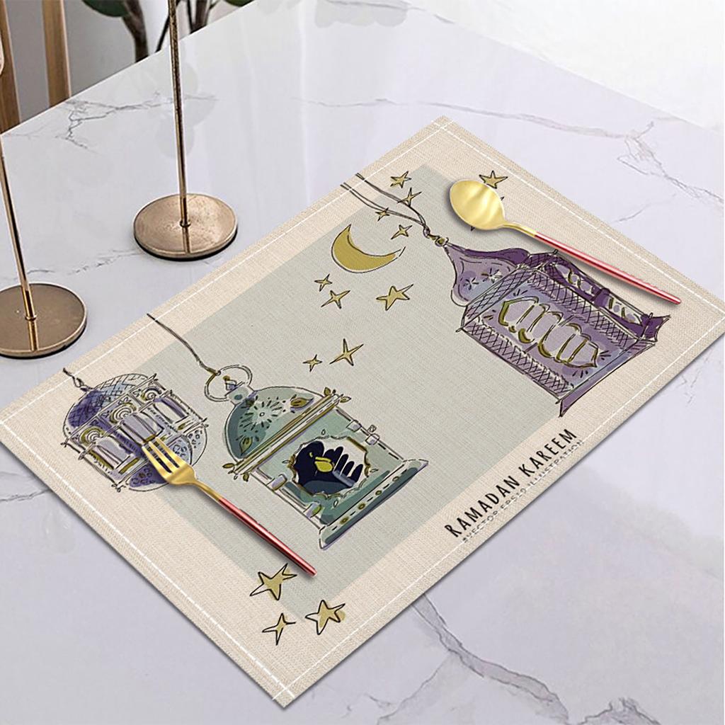 Ramadan Linen Placemat Eid Mubarak Table Ornaments Muslim Islam Party Supplies Ramadan Mubarak Kareem Home Decorations 42x32cm