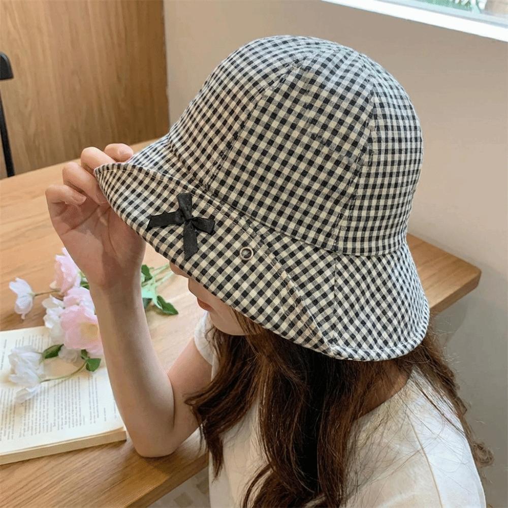 Gingham Check Plaid Bucket Hat Casual Fisherman Hat Stylish Wide Brim Sun Hat Beach