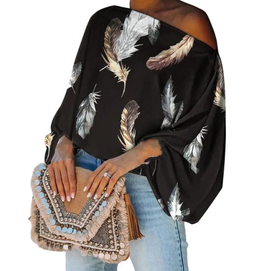 Um ombro Slash Neck Lanterna Manga Longa Mulheres Top Solto Fit