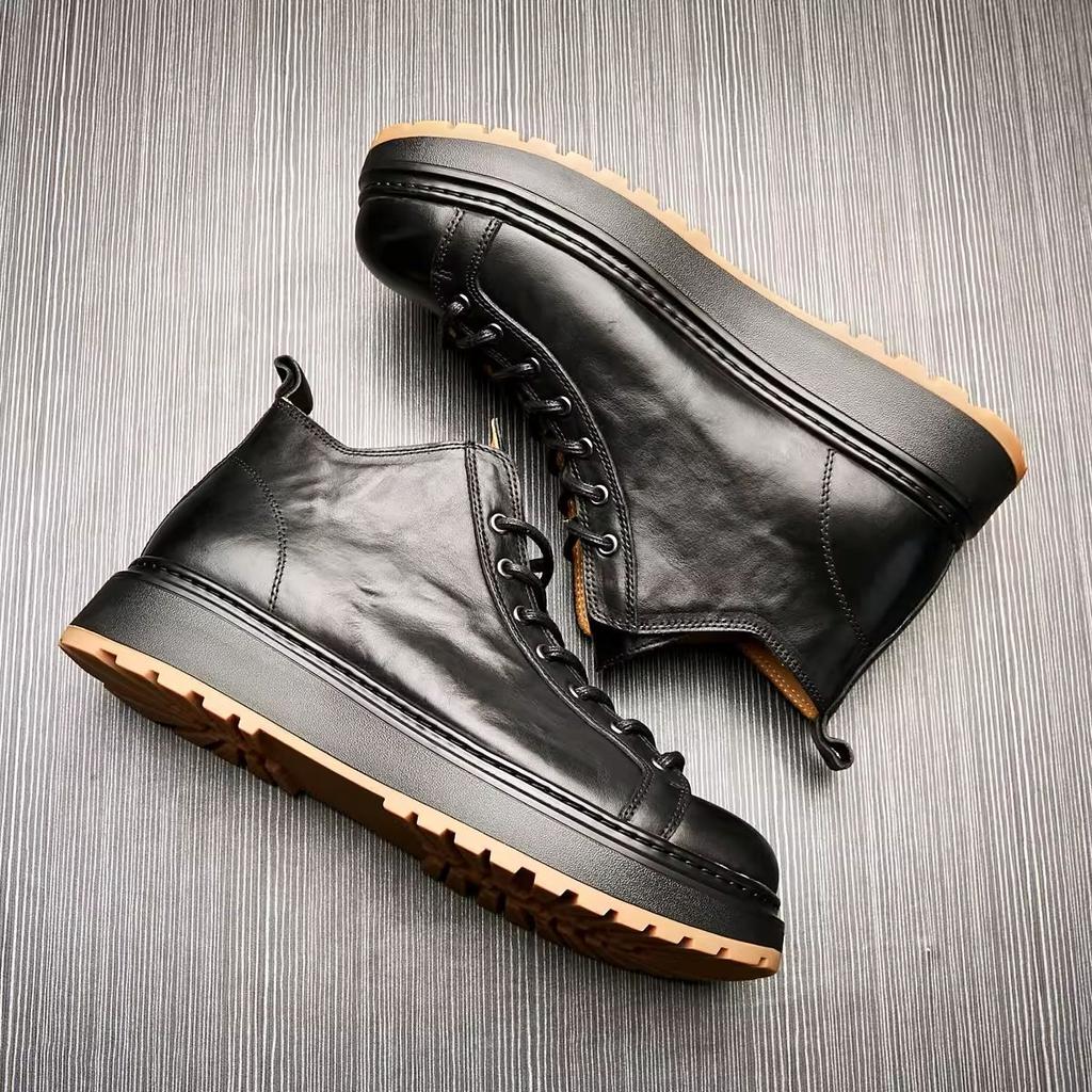 Bo Wei Leather Black High-Top Martin Boots Men'S British Trend Versatile Leather Shoes Handsome Tooling Chelsea Boots