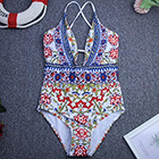 Floral Halterneck Backless Lace-up One-Piece Swimsuit for Women