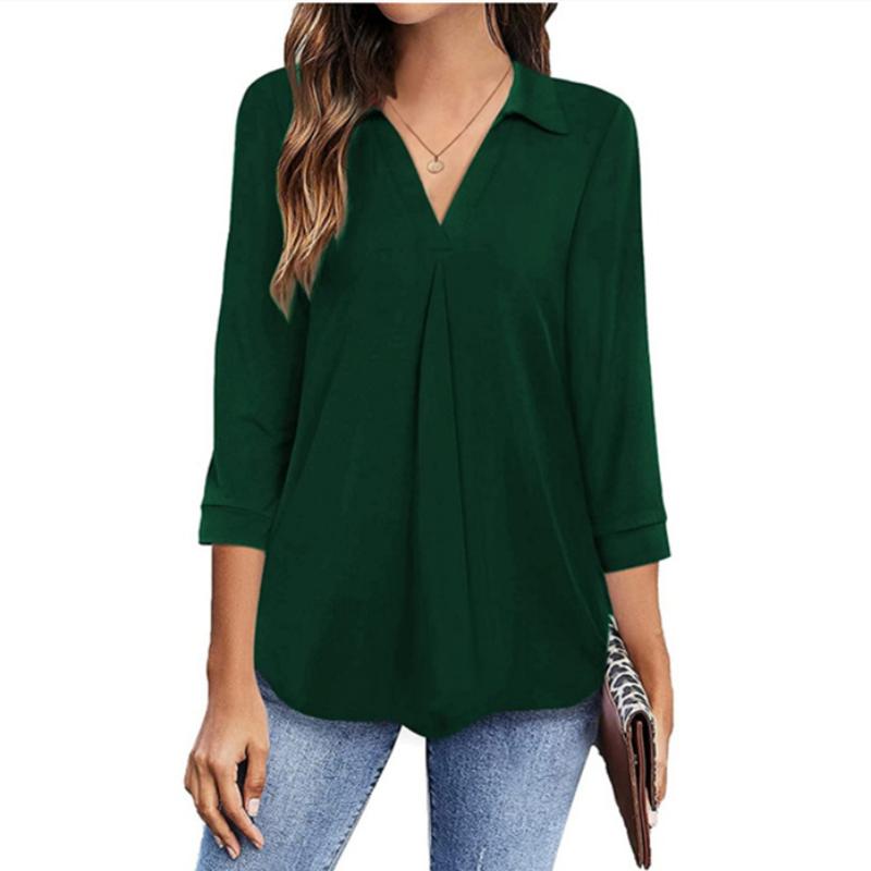 

YYFS женские модные повседневные летние весенние однотонные принты с рукавами 3/4 и воротником-поло блузки и рубашки XXL