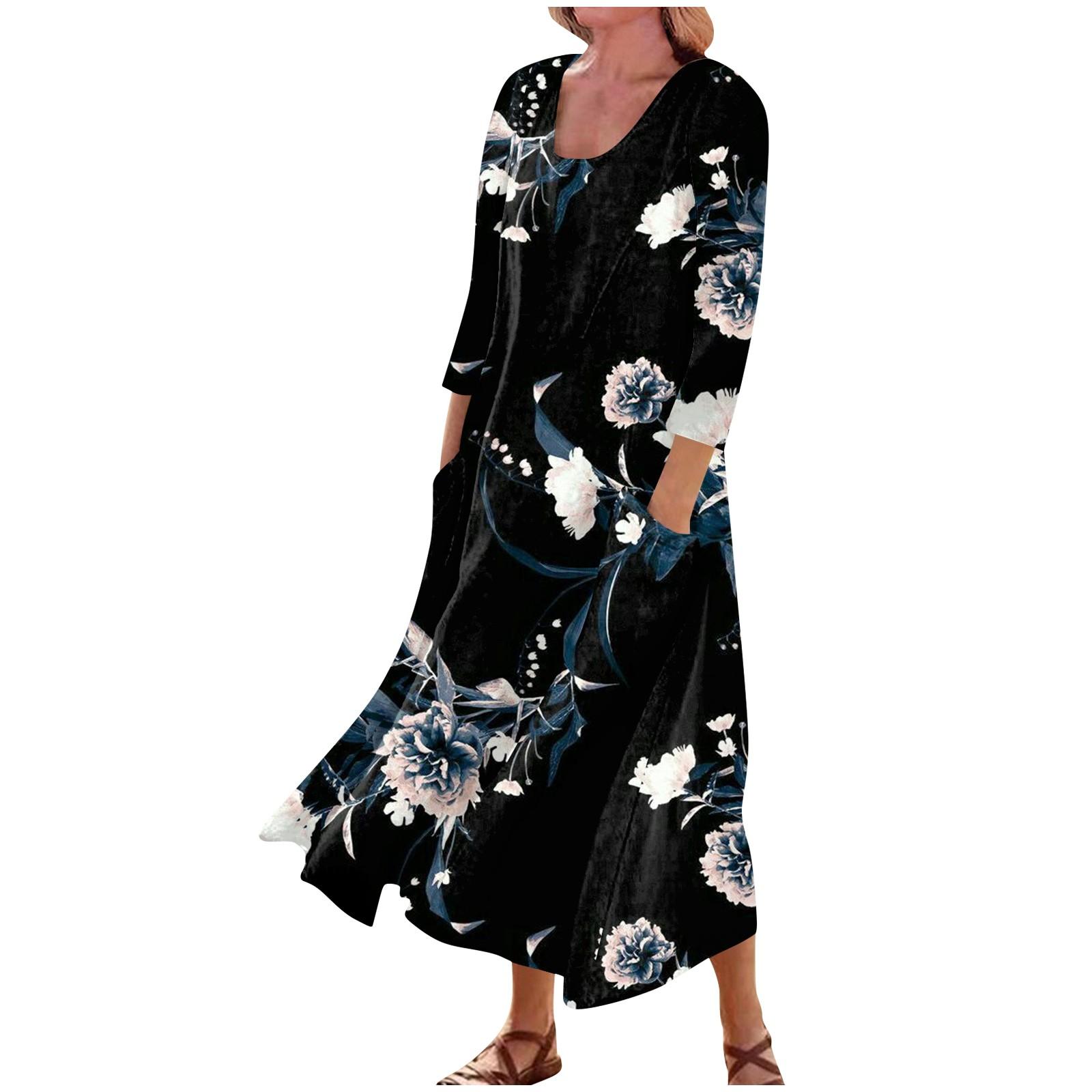 Женское повседневное удобное хлопковое карманное платье с цветочным принтом и рукавами — фото 3