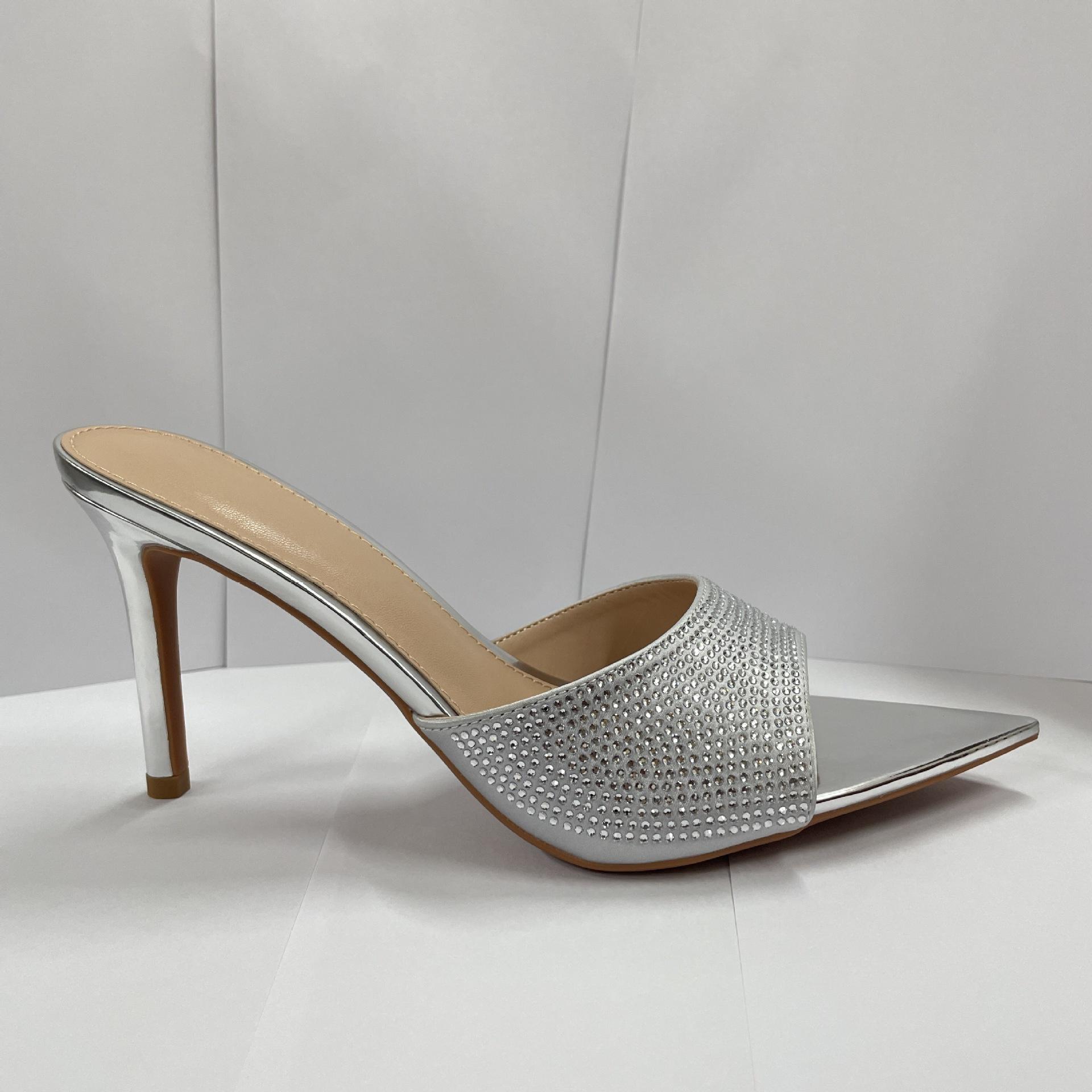 

Summer women s stunning fine-heeled rhinestone high-heeled slippers with skirt pointed one-word high heels, sexy and not tired 34