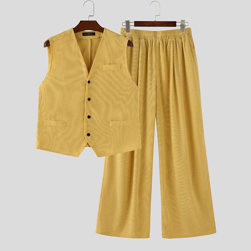 INCERUN Autumn Men Corduroy Sleeveless Waistcoat and Long Pants Outfits Sets