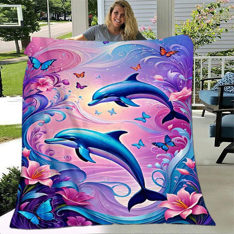 1pc Dolphin Printing Lightweight Flannel Blanket, Comfortable and Warm Blanket, for Camping Sofa Bed and Couch Office, Gift