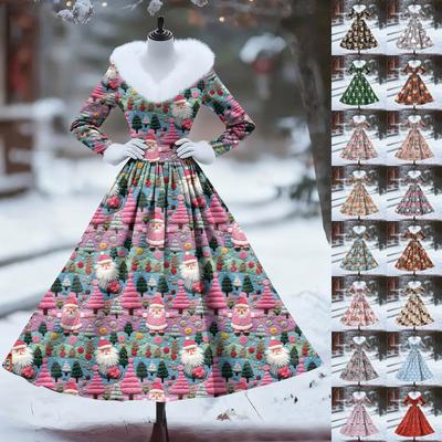 Women's Casual Dress Long-Sleeve V-Neck Patchwork Fleece Christmas Print Dress