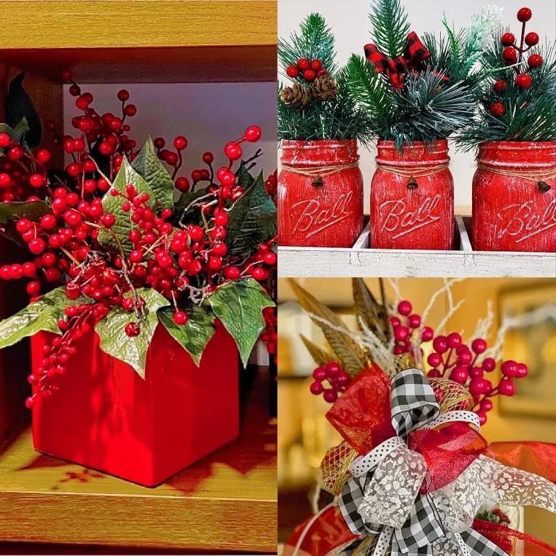 100/5Pcs Artificial Berries Christmas Decoration Red Berry Branches 7/14 Head Berries Stems Bouquet DIY Xmas Tree Wreath Decor